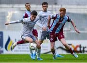26 July 2024; Ben McCormack of Waterford in action against Shane Farrell of Drogheda during the SSE Airtricity Men's Premier Division match between Drogheda United and Waterford at Weavers Park in Drogheda, Louth. Photo by Shauna Clinton/Sportsfile