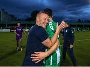 26 July 2024; Bray Wanderers assistant head coach Lorcan Fitzgerald celebrates with player Harry Groome after the SSE Airtricity Men's First Division match between Bray Wanderers and Wexford at Carlisle Grounds in Bray, Wicklow. Photo by Thomas Flinkow/Sportsfile