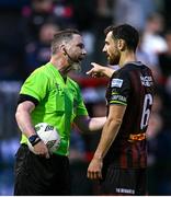 26 July 2024; Jordan Flores of Bohemians remonstrates with referee Eoghan O'Shea during the SSE Airtricity Men's Premier Division match between Bohemians and Dundalk at Dalymount Park in Dublin. Photo by Seb Daly/Sportsfile