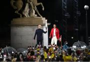 26 July 2024; Former French footballer Zinedine Zidane passes the torch to former Spanish tennis player Rafael Nadal during the Opening Ceremony of the 2024 Paris Summer Olympic Games at the Trocadero in Paris, France. Photo by David Fitzgerald/Sportsfile