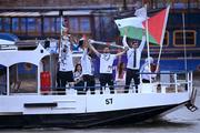 26 July 2024; Team Palestine led by flagbearers Wasim Abusal and Valerie Rose Tarazi during the Opening Ceremony of the 2024 Paris Summer Olympic Games on the banks of the river Seine in Paris, France. Photo by Stephen McCarthy/Sportsfile