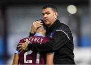 26 July 2024; Drogheda manager Kevin Doherty hugs Luke Heeney after their side's victory in the SSE Airtricity Men's Premier Division match between Drogheda United and Waterford at Weavers Park in Drogheda, Louth. Photo by Shauna Clinton/Sportsfile