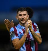 26 July 2024; Luke Heeney of Drogheda United celebrates after his side's victory in the SSE Airtricity Men's Premier Division match between Drogheda United and Waterford at Weavers Park in Drogheda, Louth. Photo by Shauna Clinton/Sportsfile