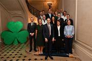 27 July 2024; An Taoiseach Simon Harris TD, centre, alongside Olympic Federation of Ireland president Sarah Keane, second from left, Deputy Mayor of Paris Marie-Christine Lemardeley, second from right, and Minister for Media, Tourism, Arts, Culture, Sport and the Gaeltacht, Catherine Martin TD, far right, pictured with VIP guests during the Irish Embassy reception at the Embassy of Ireland during the 2024 Paris Summer Olympic Games in Paris, France. Photo by Sam Barnes/Sportsfile