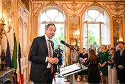 27 July 2024; An Taoiseach Simon Harris TD speaking during the Irish Embassy reception at the Embassy of Ireland during the 2024 Paris Summer Olympic Games in Paris, France. Photo by Sam Barnes/Sportsfile