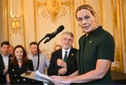 27 July 2024; Olympic Federation of Ireland president Sarah Keane speaking during the Irish Embassy reception at the Embassy of Ireland during the 2024 Paris Summer Olympic Games in Paris, France. Photo by Sam Barnes/Sportsfile