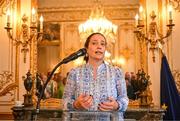 27 July 2024; Minister for Media, Tourism, Arts, Culture, Sport and the Gaeltacht, Catherine Martin TD, speaking during the Irish Embassy reception at the Embassy of Ireland during the 2024 Paris Summer Olympic Games in Paris, France. Photo by Sam Barnes/Sportsfile