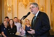27 July 2024; Ambassador of Ireland to France Niall Burgess speaking during the Irish Embassy reception at the Embassy of Ireland during the 2024 Paris Summer Olympic Games in Paris, France. Photo by Sam Barnes/Sportsfile