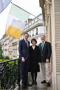 27 July 2024; An Taoiseach Simon Harris TD, left, with Deputy Mayor of Paris Marie-Christine Lemardeley and Ambassador of Ireland to France Niall Burgess during the Irish Embassy reception at the Embassy of Ireland during the 2024 Paris Summer Olympic Games in Paris, France. Photo by Sam Barnes/Sportsfile