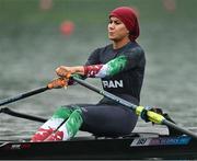 27 July 2024; Fatemeh Mojallaltopraghghale of Team Iran during the Women's Single Sculls Heat 1 at Vaires-sur-Marne Nautical Stadium during the 2024 Paris Summer Olympic Games in Paris, France. Photo by Brendan Moran/Sportsfile