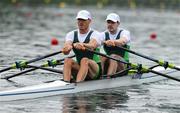 27 July 2024; Philip Doyle and Daire Lynch of Team Ireland in action during the men’s double scull heats at Vaires-sur-Marne Nautical Stadium during the 2024 Paris Summer Olympic Games in Paris, France. Photo by Brendan Moran/Sportsfile