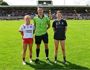 27 July 2024; Tyrone captain Sorcha Gormley and Sligo captain Ciara Walsh with referee Ray McBride before the ZuCar All-Ireland Ladies Football U-18 Championship B final match between Sligo and Tyrone at Brewster Park in Enniskillen, Fermanagh. Photo by Stephen Marken/Sportsfile