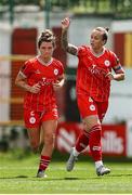 27 July 2024; Pearl Slattery of Shelbourne, right, celebrates scoring her side's first goal of the match during the SSE Airtricity Women's Premier Division match between Shelbourne and DLR Waves at Tolka Park in Dublin. Photo by Thomas Flinkow/Sportsfile