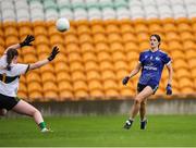 27 July 2024; Kerry goalkeeper Béibhinn Nic an tSíthigh saves a shot on goal from Ellie Brady of Cavan during the ZuCar All-Ireland Ladies Football U-18 Championship A final match between Cavan and Kerry at O’Connor Park in Tullamore, Offaly. Photo by Michael P Ryan/Sportsfile