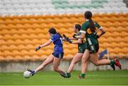 27 July 2024; Kate Fegan of Cavan shoots to score her side's second goal during the ZuCar All-Ireland Ladies Football U-18 Championship A final match between Cavan and Kerry at O’Connor Park in Tullamore, Offaly. Photo by Michael P Ryan/Sportsfile