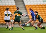 27 July 2024; Katie O'Meara of Cavan shoots to score her side's third goal during the ZuCar All-Ireland Ladies Football U-18 Championship A final match between Cavan and Kerry at O’Connor Park in Tullamore, Offaly. Photo by Michael P Ryan/Sportsfile