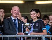 27 July 2024; Sligo captain Ciara Walsh is presented with the cup by Brendan Cregg, LGFA Vice-President after the ZuCar All-Ireland Ladies Football U-18 Championship B final match between Sligo and Tyrone at Brewster Park in Enniskillen, Fermanagh. Photo by Stephen Marken/Sportsfile