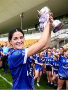 27 July 2024; Cavan captain Ellie Brady lifts the cup after the ZuCar All-Ireland Ladies Football U-18 Championship A final match between Cavan and Kerry at O’Connor Park in Tullamore, Offaly. Photo by Michael P Ryan/Sportsfile