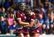 27 July 2024; Carrie Dolan, left, and Aoife Donohue of Galway after their side's victory in the Glen Dimplex Camogie All-Ireland Senior Championship semi-final match between Galway and Tipperary at UPMC Nowlan Park in Kilkenny. Photo by Harry Murphy/Sportsfile