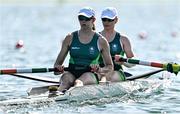 28 July 2024; Fiona Murtagh, left, and Aifric Keogh of Team Ireland in action during the women’s coxless pair heats at Vaires-sur-Marne Nautical Stadium during the 2024 Paris Summer Olympic Games in Paris, France. Photo by Brendan Moran/Sportsfile