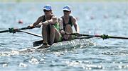 28 July 2024; Fiona Murtagh, left, and Aifric Keogh of Team Ireland in action during the women’s coxless pair heats at Vaires-sur-Marne Nautical Stadium during the 2024 Paris Summer Olympic Games in Paris, France. Photo by Brendan Moran/Sportsfile