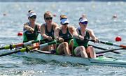 28 July 2024; Team Ireland rowers, from left, Imogen Magner, Eimear Lambe, Natalie Long, and Emily Hegarty in action during the women’s coxless four heats at Vaires-sur-Marne Nautical Stadium during the 2024 Paris Summer Olympic Games in Paris, France. Photo by Brendan Moran/Sportsfile