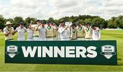 28 July 2024; Andrew Balbirnie of Ireland captain holds aloft the Stormont bowl after winning on day four the Test Match between Ireland and Zimbabwe at Stormont in Belfast. Photo by Oliver McVeigh/Sportsfile