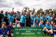 28 July 2024; Terenure Rangers captain Niamh Carroll and manager Caroline Kelly lift the cup after the FAI Women's Amateur Cup Final 2024 match between Whitehall Rangers and Terenure Rangers at UCD Bowl in Dublin. Photo by Michael P Ryan/Sportsfile