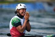 28 July 2024; Ana Satila of Team Brazil celebrates after her run in the Women's Kayak Single Semifinal at the Vaires-sur-Marne Nautical Stadium during the 2024 Paris Summer Olympic Games in Paris, France. Photo by Brendan Moran/Sportsfile