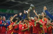 28 July 2024; Spain players celebrate after their side's victory in the UEFA European U19 Championship finals match between Spain and France at the National Football Stadium at Windsor Park, Belfast. Photo by Shauna Clinton/Sportsfile