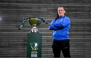 29 July 2024; Maggie Duncliffe of Douglas Hall poses for a portrait with the cup during a 2024 Sports Direct Women's FAI Cup First Round media day at FAI HQ in Dublin. Photo by Ben McShane/Sportsfile