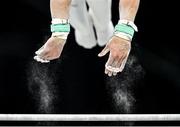 29 July 2024; Samuel Zakutney of Team Canada competes in the parallel bars during the men's team final at the Gymnastics Bercy Arena during the 2024 Paris Summer Olympic Games in Paris, France. Photo by David Fitzgerald/Sportsfile