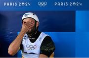 29 July 2024; Liam Jegou of Team Ireland, right, reacts while sitting in bronze medal position in the Men's C1 Canoe Slalom final at the Vaires-sur-Marne Nautical Stadium during the 2024 Paris Summer Olympic Games in Paris, France. Photo by Brendan Moran/Sportsfile