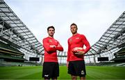 30 July 2024; Budweiser ambassadors Joey Carbery and Eoin Cadogan at the Aviva Stadium in Dublin. Budweiser is the Official Beer Partner of the Aer Lingus College Football Classic this August 24th. To be in with a chance to win tickets to the game, fans can visit Budweiser.ie. Photo by David Fitzgerald/Sportsfile