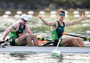 30 July 2024; Daire Lynch, left, and Philip Doyle of Team Ireland react after winning their men’s double sculls semi-final at Vaires-sur-Marne Nautical Stadium during the 2024 Paris Summer Olympic Games in Paris, France. Photo by Stephen McCarthy/Sportsfile