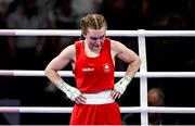 30 July 2024; Jennifer Lehane of Team Ireland reacts after her defeat by Yuan Chang of Team China in their women's -54kg round of 16 bout at the North Paris Arena during the 2024 Paris Summer Olympic Games in Paris, France. Photo by David Fitzgerald/Sportsfile