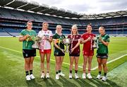 30 July 2024; In attendance during the captains day ahead of the 2024 TG4 All-Ireland Ladies Football Championship Finals at Croke Park in Dublin is, from left, Leitrim captain Michelle Guckian, Tyrone captain Aoibhinn McHugh, Kerry captain Niamh Carmody, Galway captain Ailbhe Davoren, Louth captain Áine Breen and Fermanagh captain Shannan McQuade. Photo by Ben McShane/Sportsfile