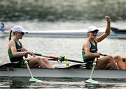 31 July 2024; Aoife Casey, left, and Margaret Cremen of Team Ireland celebrate after finishing third in their women’s lightweight double sculls semi-final to qualify for the final at Vaires-sur-Marne Nautical Stadium during the 2024 Paris Summer Olympic Games in Paris, France. Photo by Brendan Moran/Sportsfile