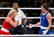 31 July 2024; Elzbieta Wojcik of Team Poland, left, after winning against Aoife O'Rourke of Team Ireland in their women's 75kg preliminary round 16 bout at the North Paris Arena during the 2024 Paris Summer Olympic Games in Paris, France. Photo by David Fitzgerald/Sportsfile