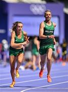 01 August 2024; Sharlene Mawdsley, left, and Thomas Barr of Team Ireland practice their baton exhange during a training session at the Stade de France during the 2024 Paris Summer Olympic Games in Paris, France. Photo by Sam Barnes/Sportsfile