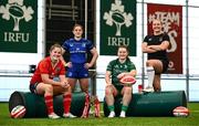 1 August 2024; Attendees, from left, Enya Breen of Munster, Katie Whelan of Leinster, Méabh Deely of Connacht and Fiona Tuite of Ulster during the Vodafone Women's Interprovincial launch at the IRFU High Performance Centre on the Sport Ireland Campus in Dublin. Photo by Shauna Clinton/Sportsfile