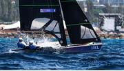 1 August 2024; Sean Waddilove and Robert Dickson of Team Ireland in action during the men's skiff medal race, which was subsequently abandoned twice, at Marseille Marina during the 2024 Paris Summer Olympic Games in Paris, France. Photo by Johnny Fidelin/Sportsfile