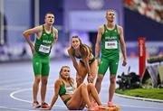 2 August 2024; Team Ireland relay team, from left, Chris O’Donnell, Sharlene Mawdsley, Sophie Becker and Thomas Barr after the 4x400m mixed relay round 1 at the Stade de France during the 2024 Paris Summer Olympic Games in Paris, France. Photo by Sam Barnes/Sportsfile