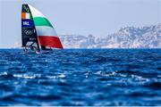 2 August 2024; Sean Waddilove and Robert Dickson of Team Ireland in action during the men's skiff medal race at Marseille Marina during the 2024 Paris Summer Olympic Games in Paris, France. Photo by Johnny Fidelin/Sportsfile