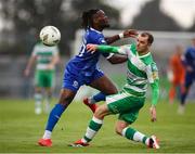 2 August 2024; Christie Pattisson of Waterford in action against Sean Kavanagh of Shamrock Rovers during the SSE Airtricity Men's Premier Division match between Waterford and Shamrock Rovers at the Regional Sports Centre in Waterford. Photo by Michael P Ryan/Sportsfile