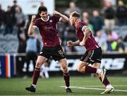 2 August 2024; Stephen Walsh of Galway United, right, celebrates with team-mate Patrick Hickey, after scoring their side's first goal during the SSE Airtricity Men's Premier Division match between Dundalk and Galway United at Oriel Park in Dundalk, Louth. Photo by Piaras Ó Mídheach/Sportsfile