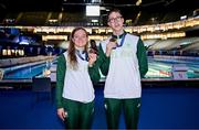 3 August 2024; Team Ireland swimming medallists Mona McSharry, bronze in the women's 100m breaststroke, and Daniel Wiffen, gold in men's 800m freestyle at the Paris La Défense Arena during the 2024 Paris Summer Olympic Games in Paris, France. Photo by Brendan Moran/Sportsfile