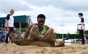 3 August 2024; Chucks Kpaduwa of Navan A.C., Meath. competes in the men's U20 long jump during the 123.ie National U20 & U23 Track and Field Championships in Tullamore, Offaly. Photo by Tyler Miller/Sportsfile