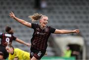 3 August 2024; Katie Malone of Bohemians celebrates scoring her side's second goal of the match during the Sports Direct Women's FAI Cup first round match between Bohemians and Peamount United at Dalymount Park in Dublin. Photo by Thomas Flinkow/Sportsfile