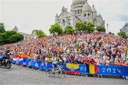 3 August 2024; Ben Healy of Team Ireland climbs the Côte De La Butte Montmartre passing crowds outside Basilique du Sacré-Cœur de Montmartre during the men's road race during the 2024 Paris Summer Olympic Games in Paris, France. Photo by Zac Williams/Sportsfile